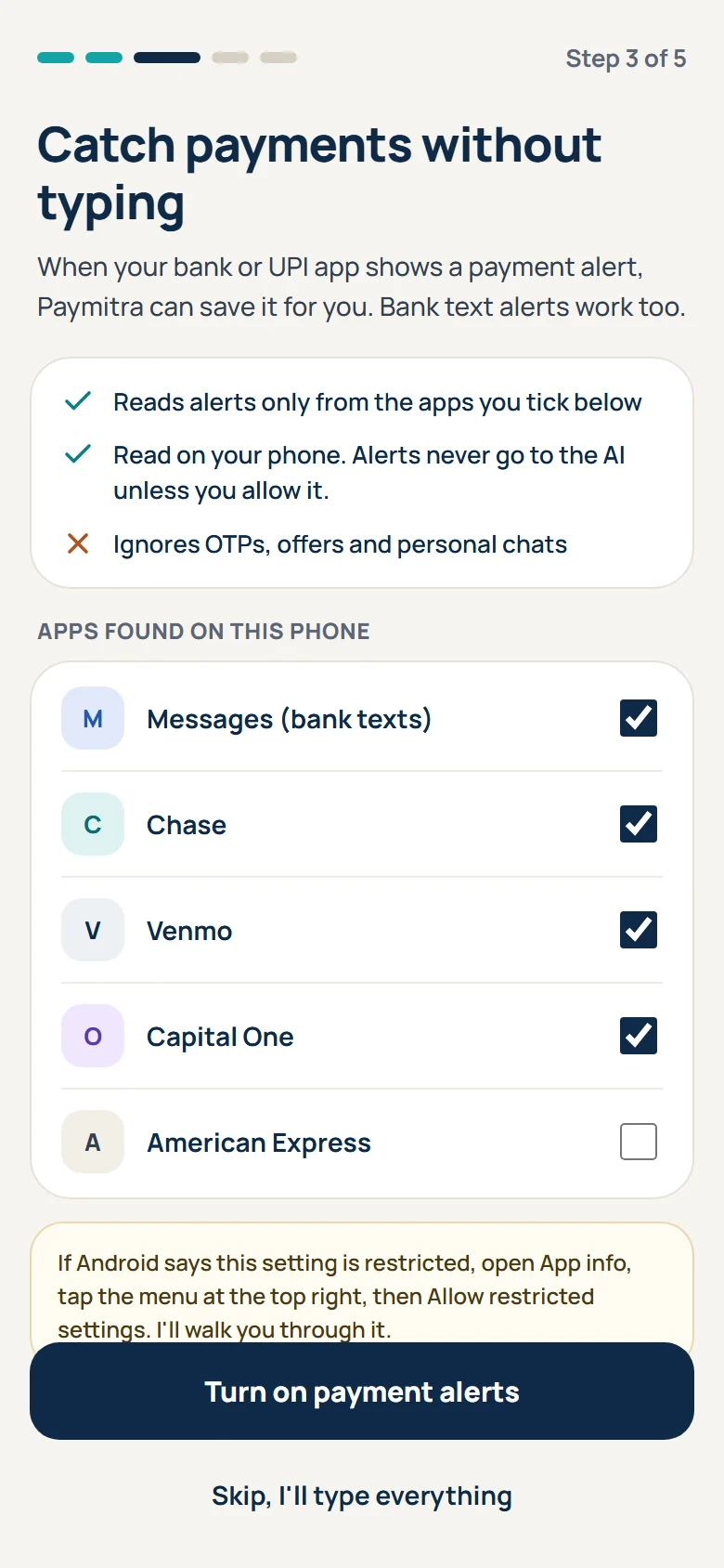 Payment alerts setup where you choose which apps Paymitra may read