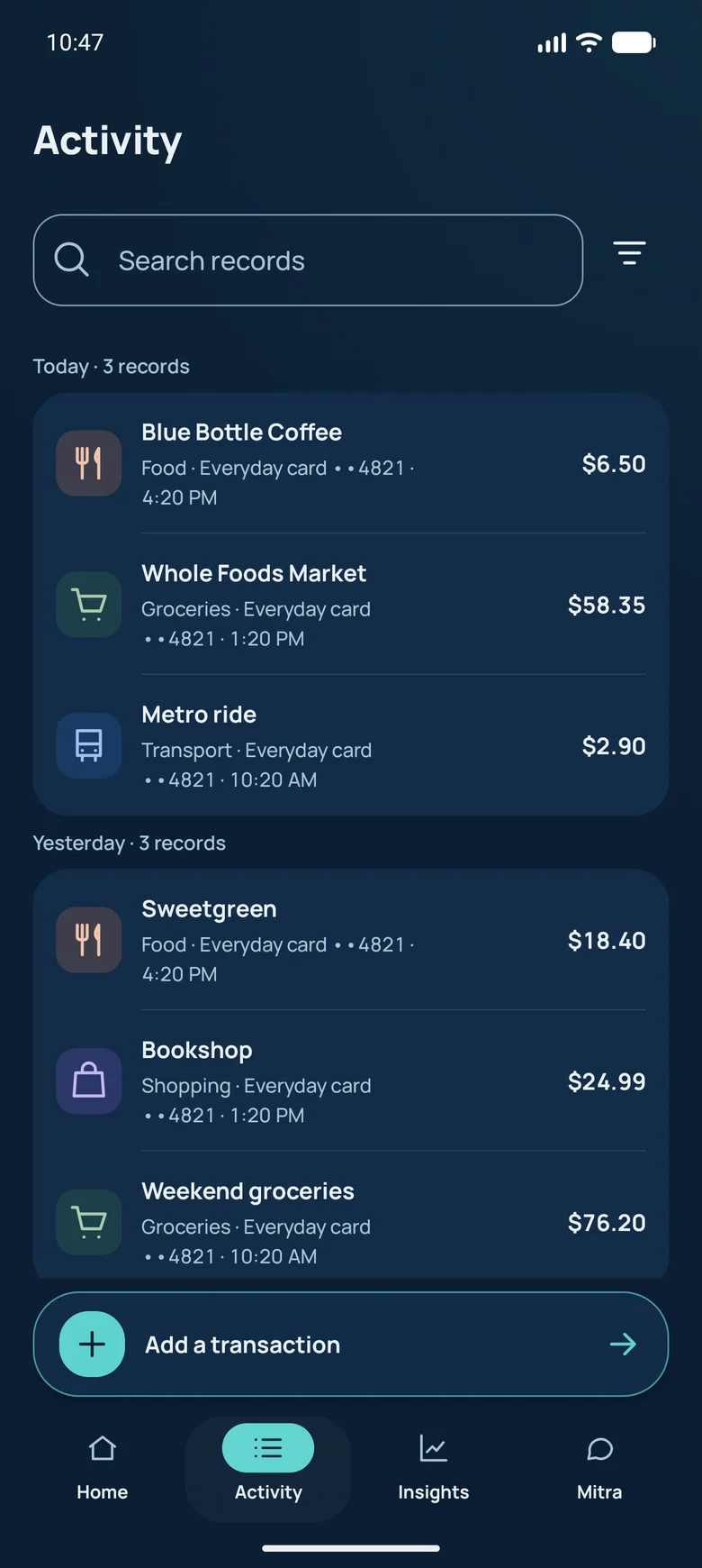 Android Activity screen with grouped payments, category colors and search