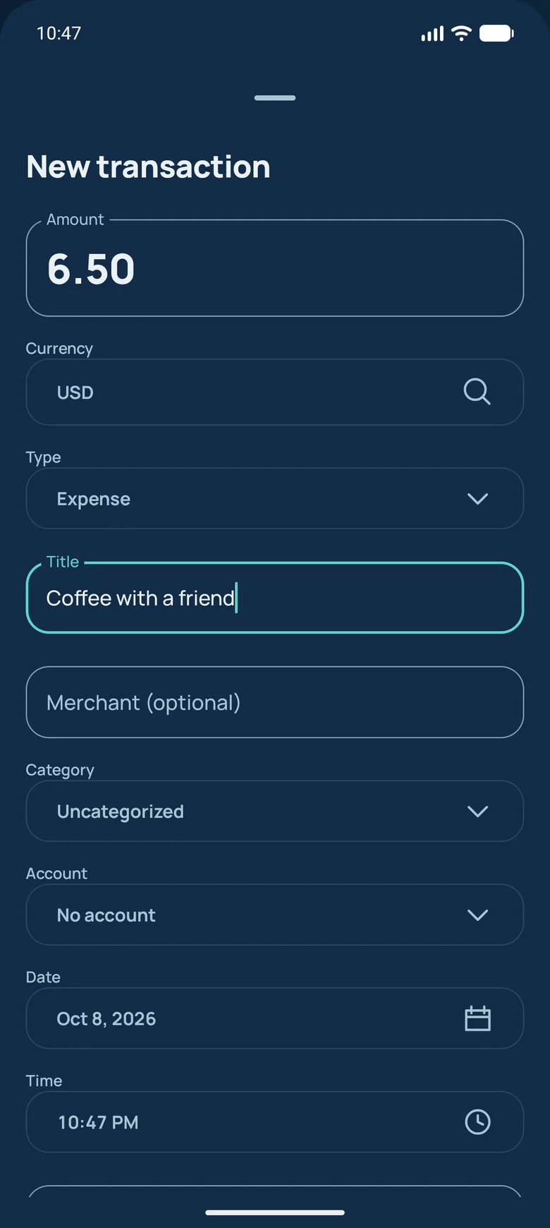 Android manual entry sheet with amount, currency, title and category fields