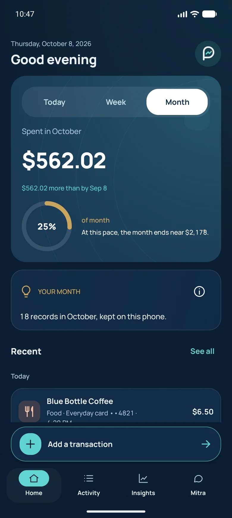 Paymitra Home screen showing spending, monthly pace and recent payments