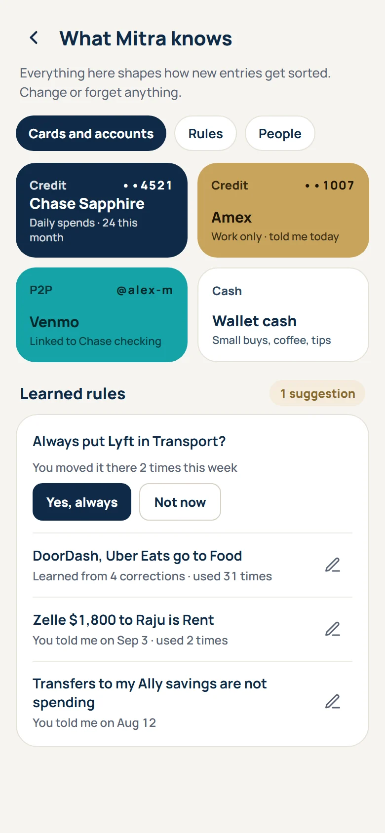 What Mitra knows screen listing cards, accounts and learned rules
